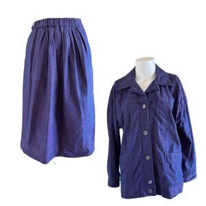 Purple metallic women’s vintage 90s button up blazer pleated midi skirt set M